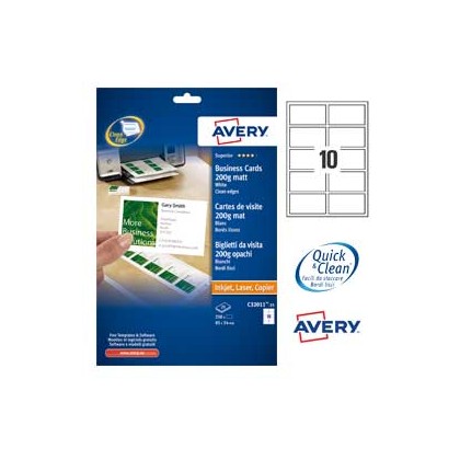 250 BIGLIETTI VISITA 85x54mm BIANCO LASER 200gr QuickClean AVERY C32011-25