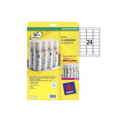 Poliestere adesivo L4773 bianco 20fg A4 63,5x33,9mm (24et/fg) laser Avery L4773-20