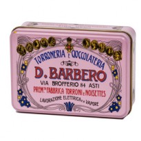 Scrigno regalo rosa in metallo con torroni bianchi friabili100gr Barbero METT